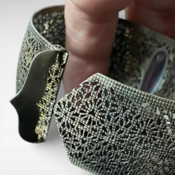 Antique Art Deco Wide Filigree Blue Glass Center Stone Buckle Bracelet - Picture 4 of 13